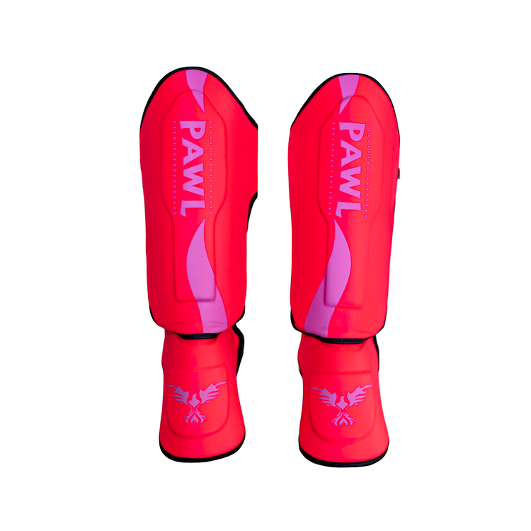 Canilleras Muay Thai rosadas vista frontal acolchadas