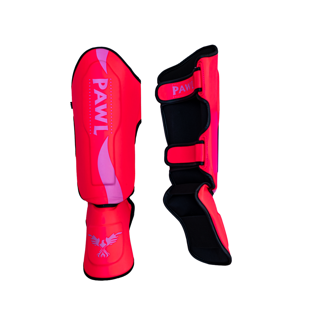 Canilleras Muay Thai rosadas vista lateral para entrenamiento