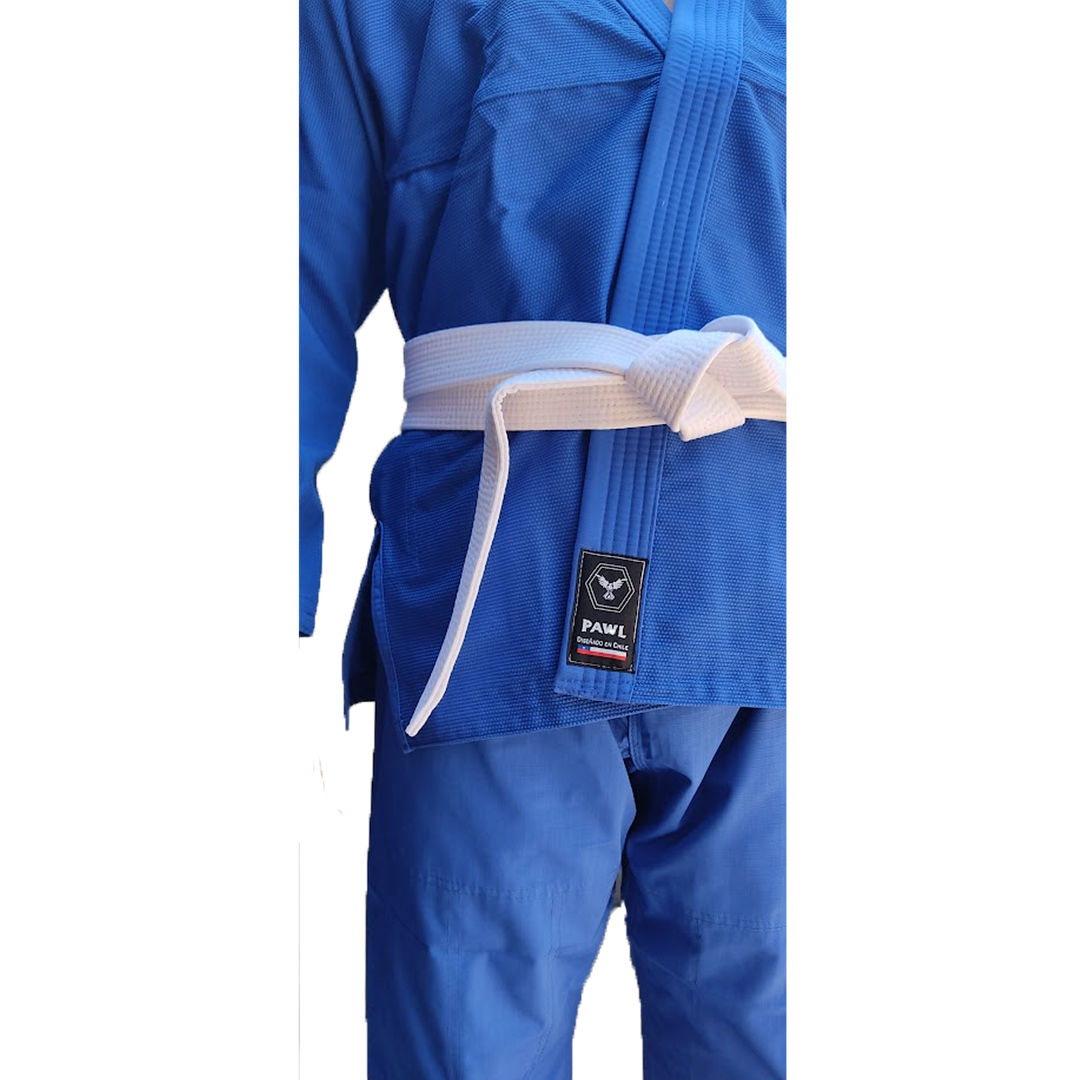 Detalle espalda kimono BJJ azul con etiqueta