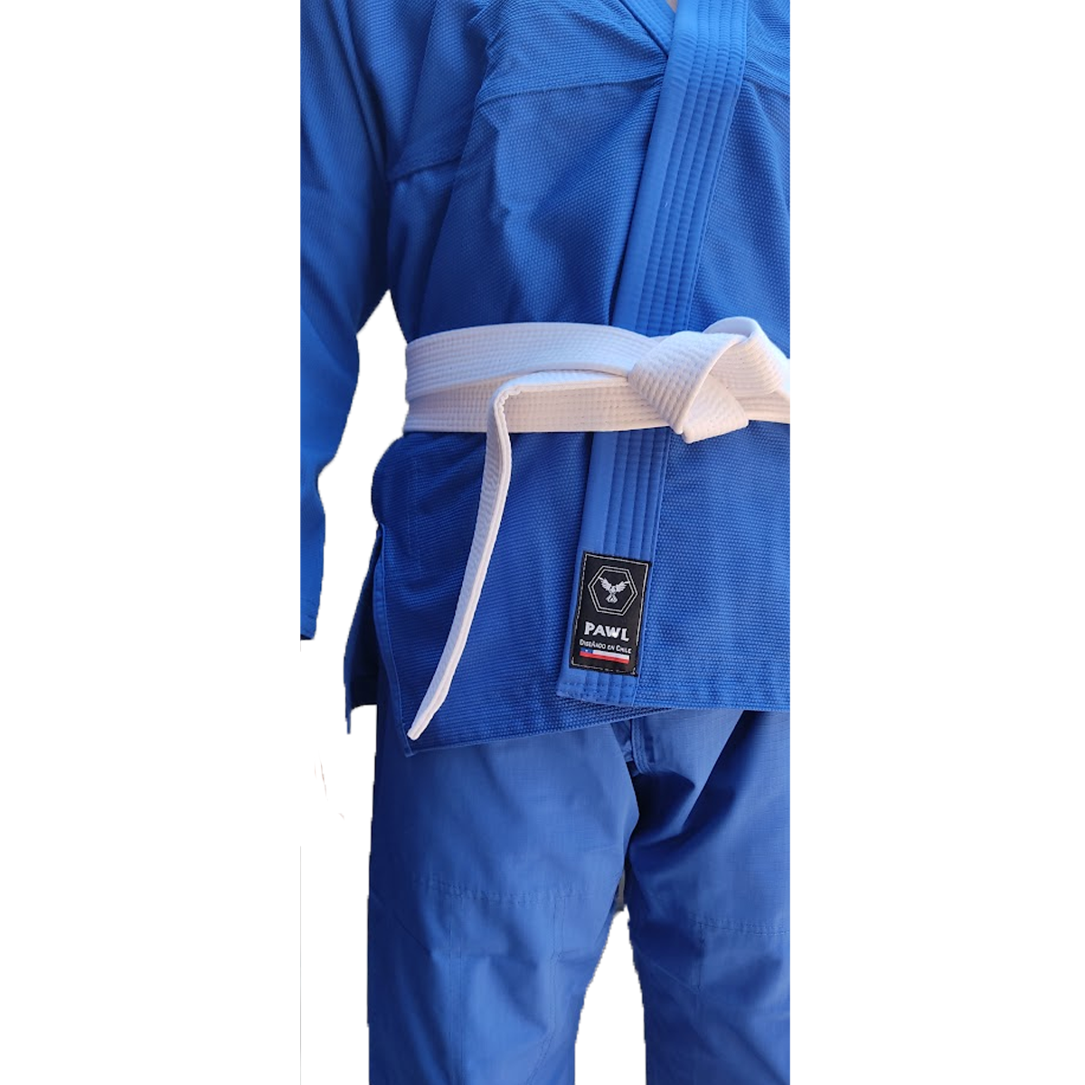 Detalle espalda kimono BJJ azul con etiqueta