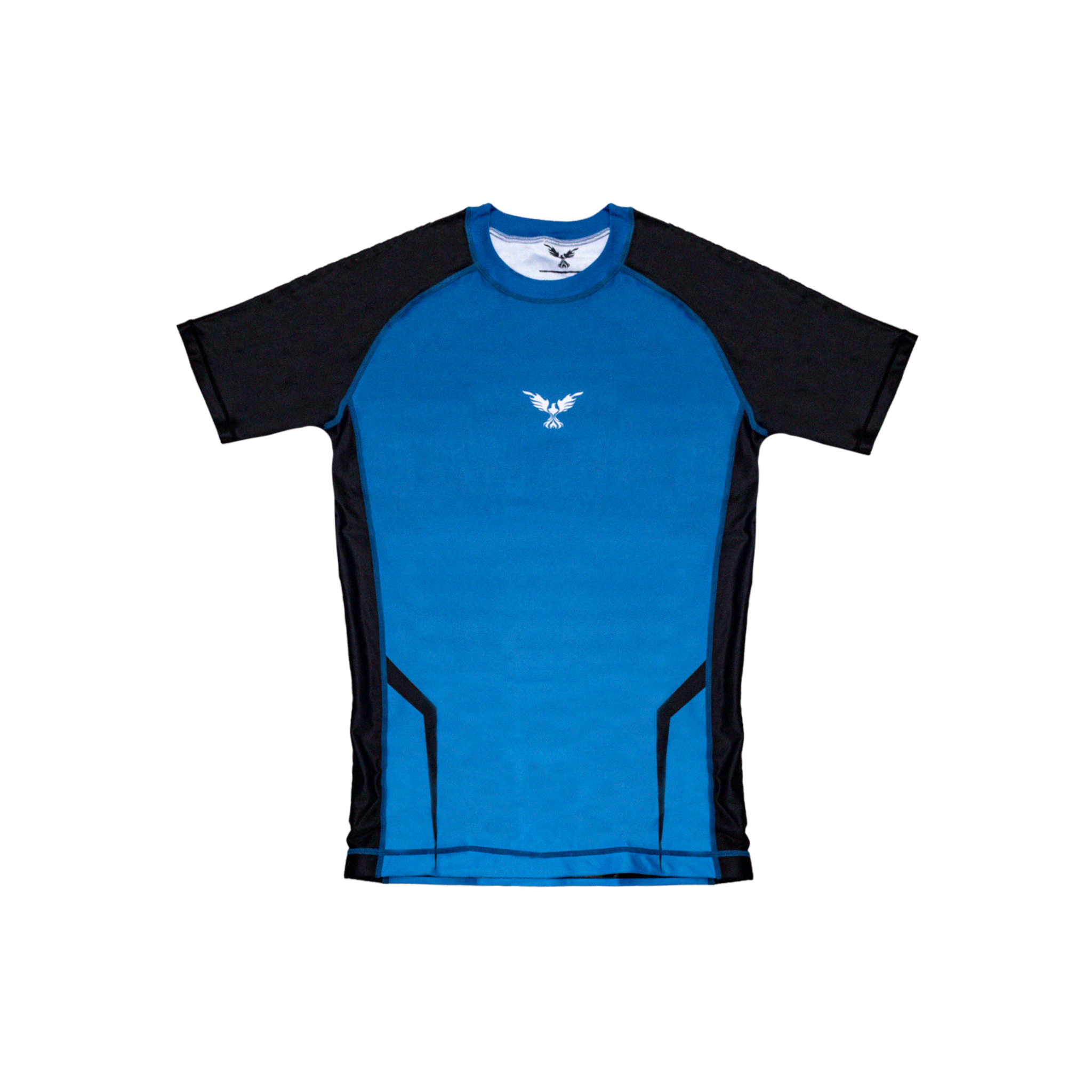 Rashguard Hero azul y negra para entrenamiento de BJJ, MMA y deportes de combate en Chile, ajuste de compresión premium.