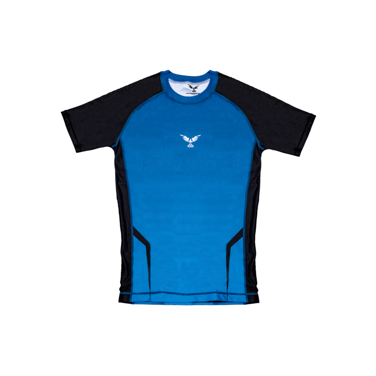 Rashguard Hero azul y negra para entrenamiento de BJJ, MMA y deportes de combate en Chile, ajuste de compresión premium.
