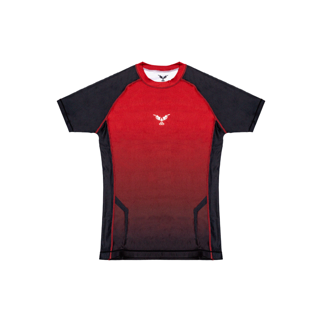 Rashguard Hero roja y negra para MMA y BJJ en Chile, compresión premium con secado rápido para entrenamiento y competencia.