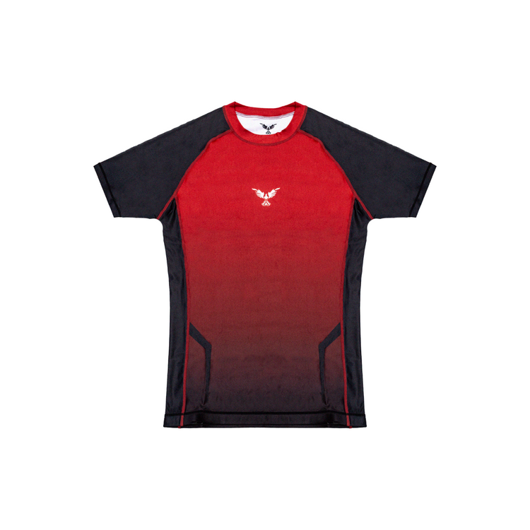 Rashguard Hero roja y negra para MMA y BJJ en Chile, compresión premium con secado rápido para entrenamiento y competencia.