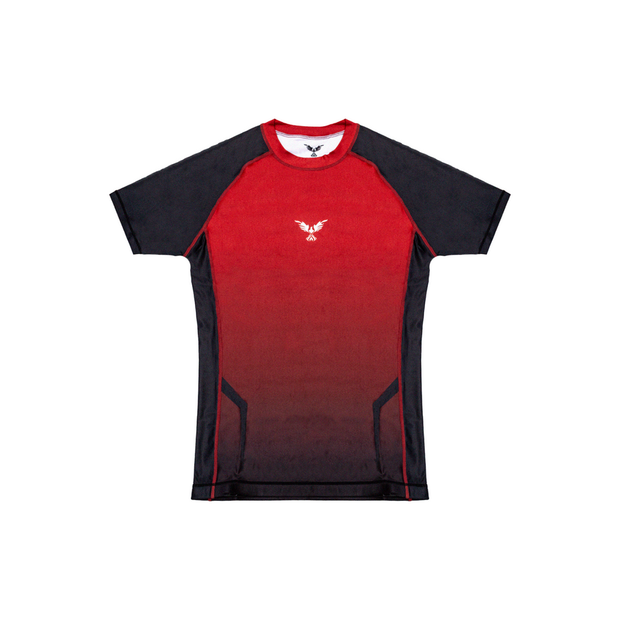 Rashguard Hero roja y negra para MMA y BJJ en Chile, compresión premium con secado rápido para entrenamiento y competencia.